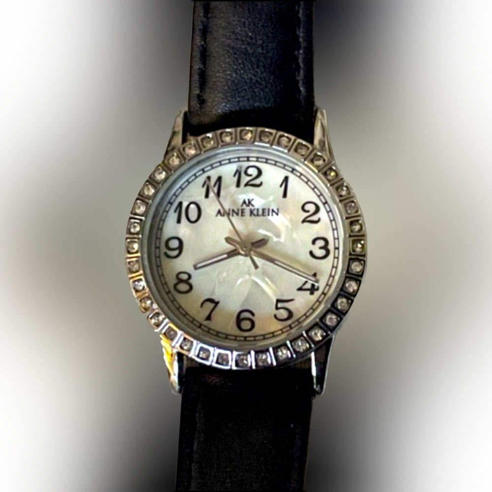 Anne Klein Mother of Pearl Clear Crystal Silvertone Black Leather Strap Watch